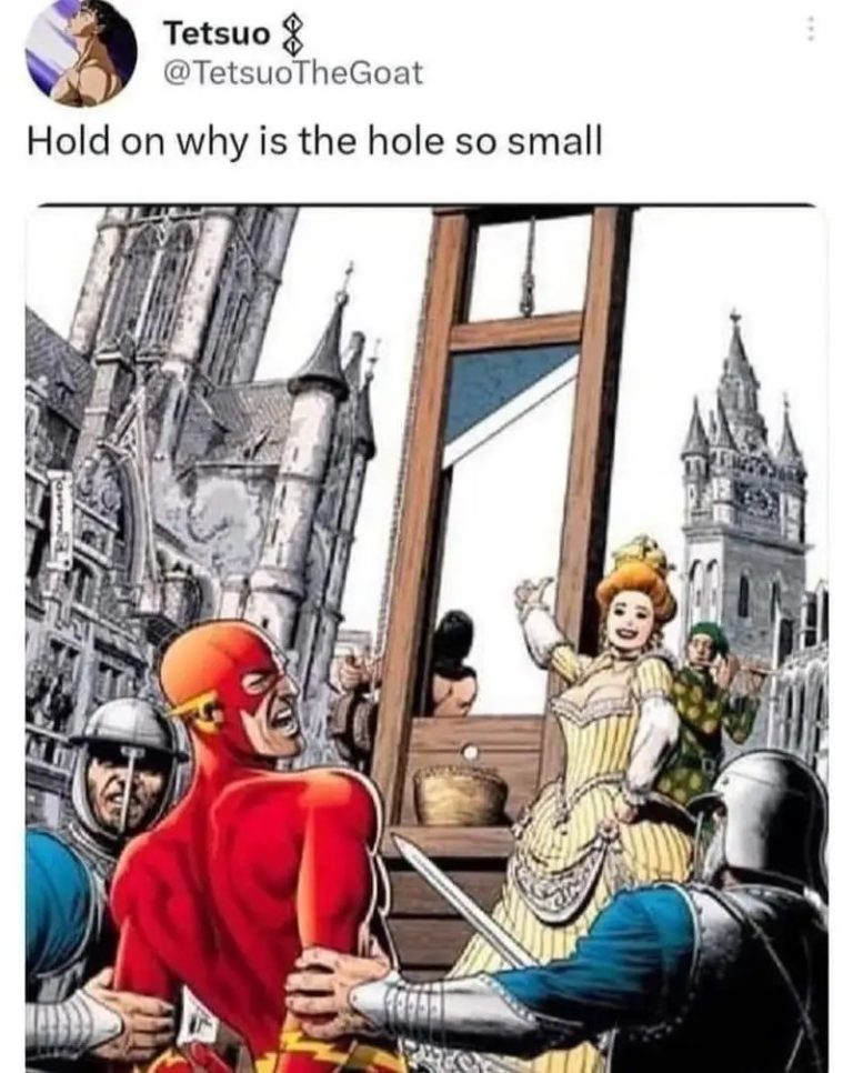 Superhero shocked at small guillotine hole in historic scene.