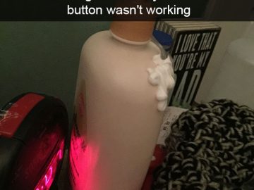 Lotion bottle mistaken for an alarm clock snooze button in dark.