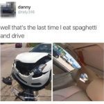 Car crash with spaghetti splatter, illustrating a driving fail.