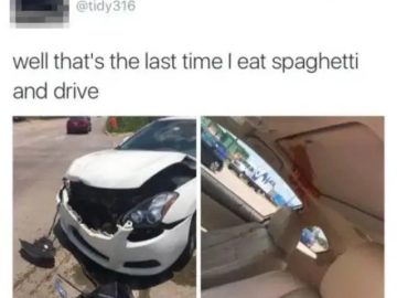 Car crash with spaghetti splatter, illustrating a driving fail.