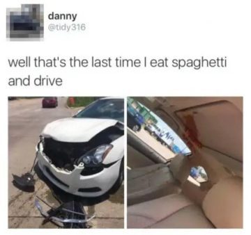 Car crash with spaghetti splatter, illustrating a driving fail.