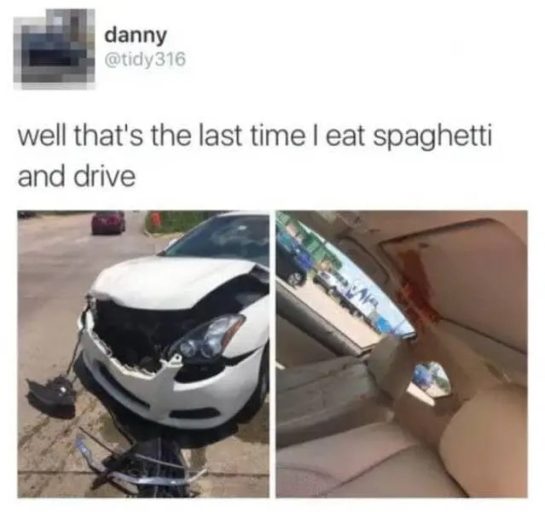 Car crash with spaghetti splatter, illustrating a driving fail.