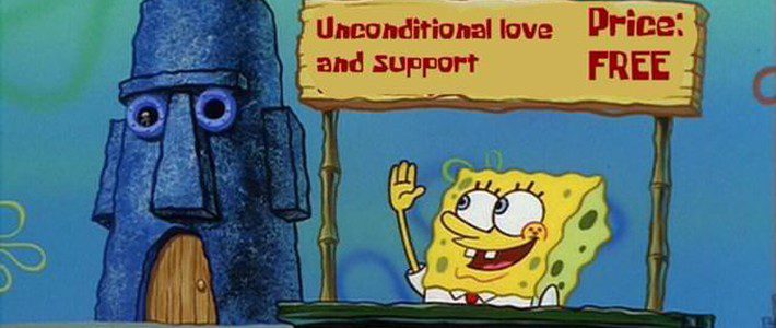 SpongeBob offering free unconditional love and support from a stand