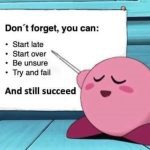 Cartoon character pointing at list of motivational options for success.