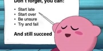 Cartoon character pointing at list of motivational options for success.