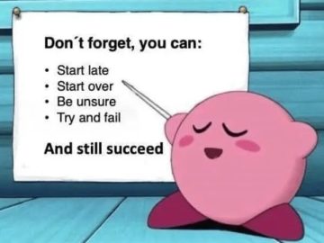 Cartoon character pointing at list of motivational options for success.