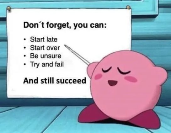 Cartoon character pointing at list of motivational options for success.