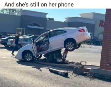 Car stuck on pole near shopping center, driver still on phone.