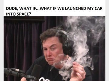Person in a podcast setting pondering launching a car into space