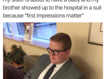 Brother in a suit at the hospital for sister's baby arrival.