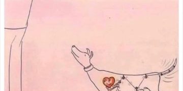 Illustration of a dog with a heart-powered tail wagging engine.