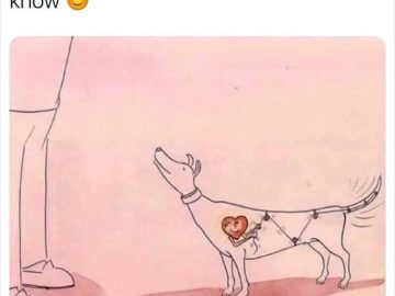 Illustration of a dog with a heart-powered tail wagging engine.