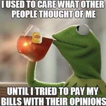 Kermit the Frog sipping tea with a caption about opinions.