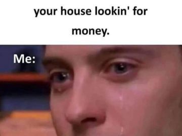 Close-up of teary-eyed person with humorous caption about thief