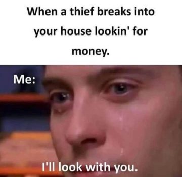 Close-up of teary-eyed person with humorous caption about thief