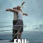 Couple on a boat deck doing Titanic pose gets interrupted by seagull.