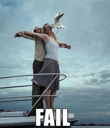Couple on a boat deck doing Titanic pose gets interrupted by seagull.
