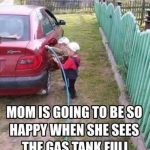 Child attempting to fill car gas tank with water hose.