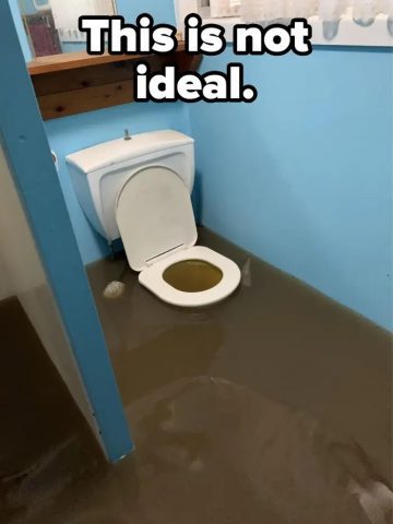Bathroom flooded with water spilling from toilet, humorous mishap.
