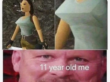 Collage of classic Tomb Raider graphics with humorous reaction