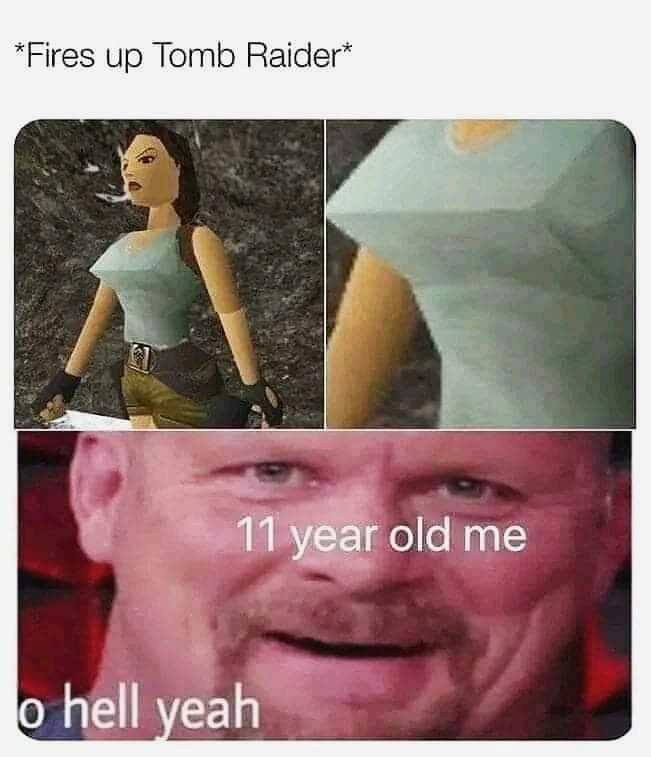 Collage of classic Tomb Raider graphics with humorous reaction
