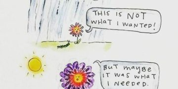 Cartoon flower in rain realizing it's growing despite challenges.