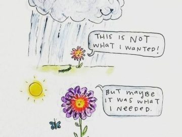 Cartoon flower in rain realizing it's growing despite challenges.