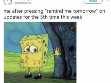 Spongebob procrastinating on software updates meme