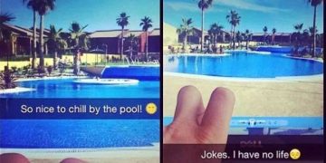 A split-image meme showing a fake poolside vacation via laptop screen illusion.