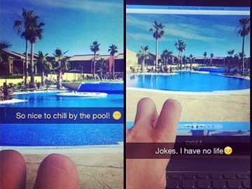 A split-image meme showing a fake poolside vacation via laptop screen illusion.