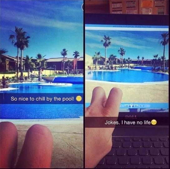 A split-image meme showing a fake poolside vacation via laptop screen illusion.