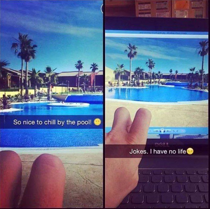 A split-image meme showing a fake poolside vacation via laptop screen illusion.