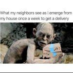 Meme of a creature emerging with a package, symbolizing rare outings.