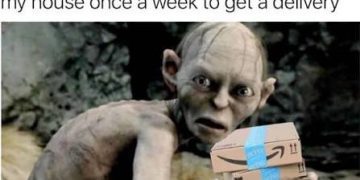 Meme of a creature emerging with a package, symbolizing rare outings.