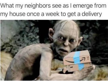 Meme of a creature emerging with a package, symbolizing rare outings.
