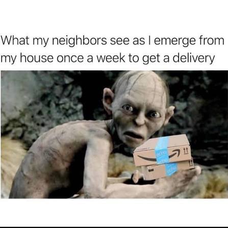 Meme of a creature emerging with a package, symbolizing rare outings.