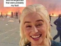 Meme of smiling person leaving work with chaos in the background