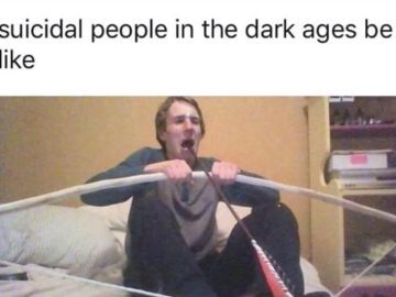 Person humorously using a bow to convey dark humor.