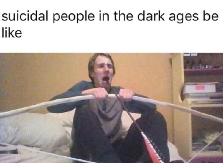 Person humorously using a bow to convey dark humor.