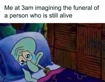Cartoon character in bed at 3am imagining a living person's funeral.