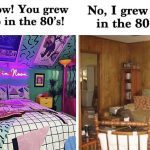 Split image showing glamorous vs. authentic 80s room styles.
