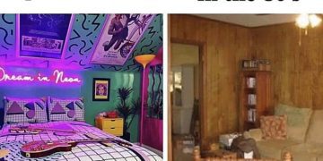 Split image showing glamorous vs. authentic 80s room styles.