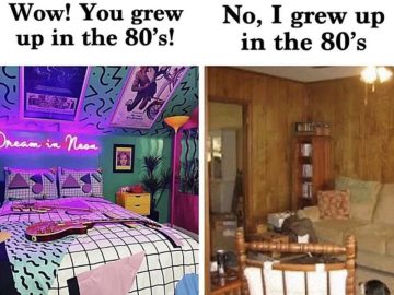 Split image showing glamorous vs. authentic 80s room styles.