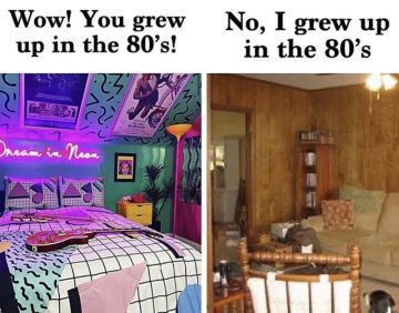 Split image showing glamorous vs. authentic 80s room styles.