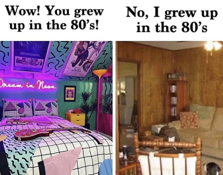Split image showing glamorous vs. authentic 80s room styles.