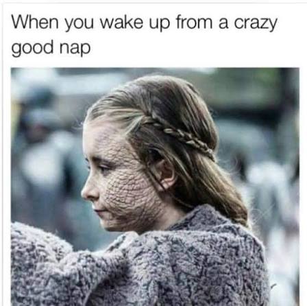 Girl with funny face captioned "When you wake up from a crazy good nap."