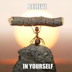 An ant lifting a stick with the words "Believe in Yourself" over a sunset.
