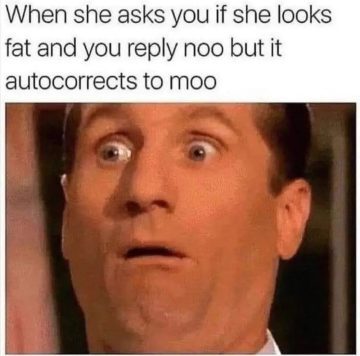 Shocked man's face after autocorrect changes "noo" to "moo."