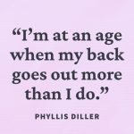 Humorous quote about aging and back pain on a pink background