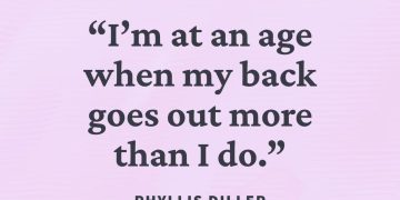 Humorous quote about aging and back pain on a pink background